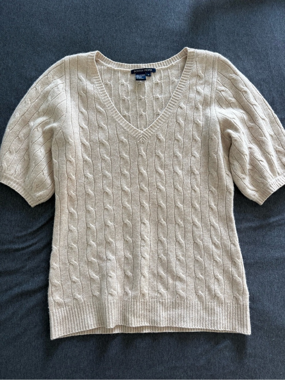 Boston Proper Cashmere Cable Knit V-Neck Sweater Short Puff Sleeve Luxury